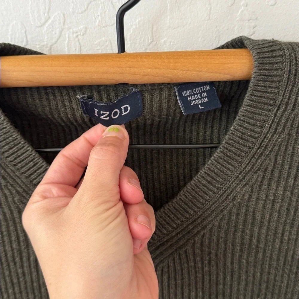 Izod Men’s 100% Cotton Green Ribbed Stretch V Neck Pullover Sweater Large